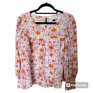Universal Thread White Floral Peasant Blouse with Orange and Pink Print
